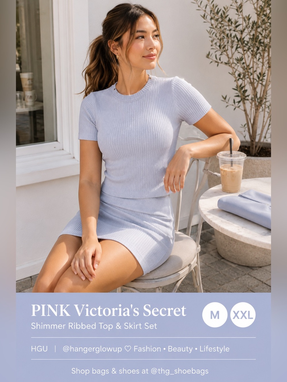 Retail: $74.90 NWT PINK Shimmer Ribbed Set M/XXL Light Blue Top Mini Skirt